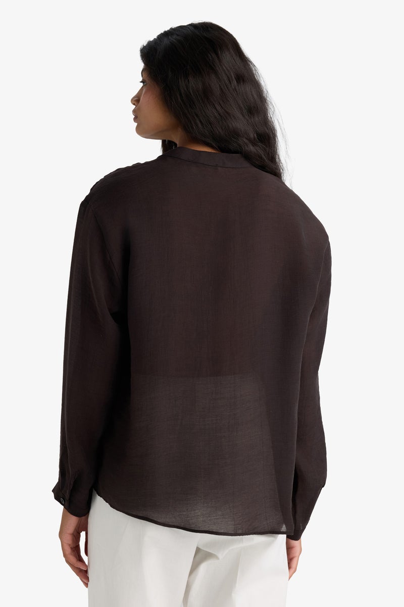 DeFacto Brown Woman Oversize Fit Grandad Collar Sensual Long Sleeve Shirt Casual - Image 5